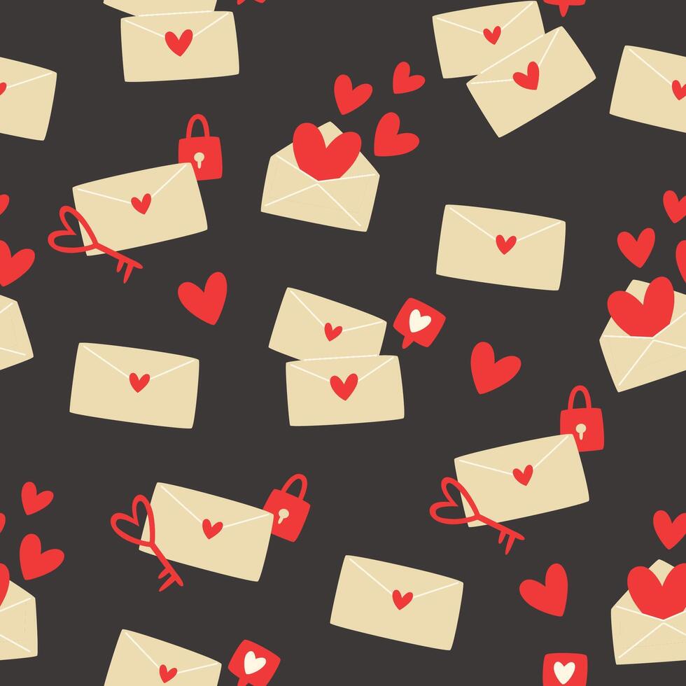 naadloos patroon met enveloppen en harten voor Valentijnsdag dag Aan een zwart achtergrond vector