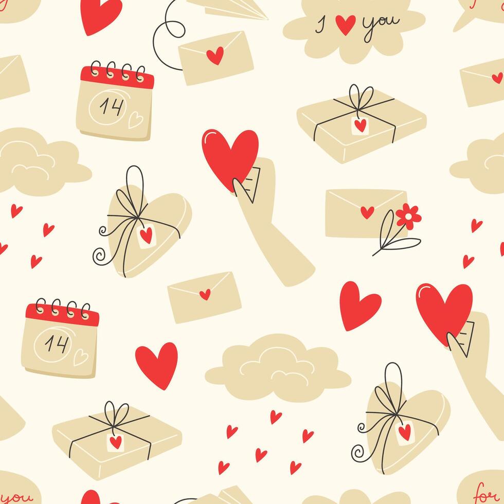 naadloos patroon met een kalender, geschenk dozen en wolken voor Valentijnsdag dag vector