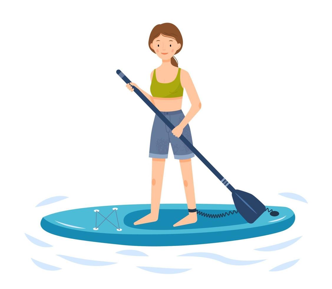 het meisje rijdt op een sup board. een vrouw staat op een paddleboard en houdt een paddle in haar handen. vector