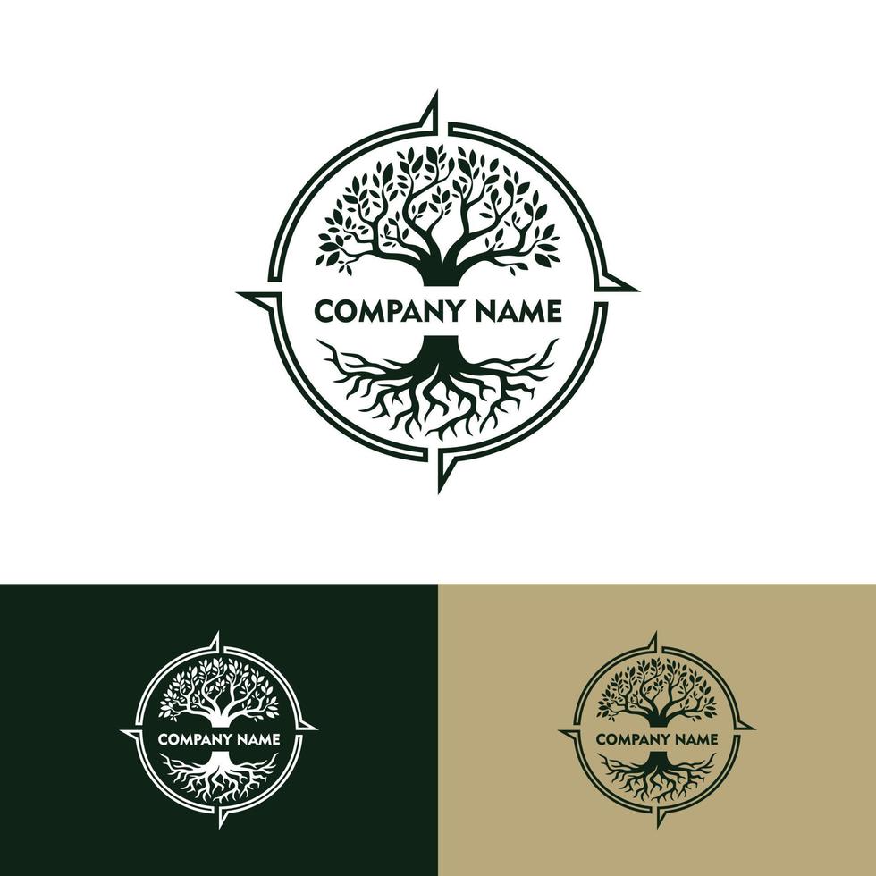 abstracte groene boom en creatief kompas met wortels vector logo ontwerpsjabloon