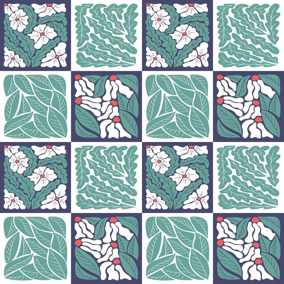 stoutmoedig gekleurde meetkundig abstract bloemen patroon. vlak abstract hand- getrokken bloemen, bladeren in contrast vierkanten. meetkundig modieus afdrukken ontwerp voor textiel, behang, inpakken, achtergrond vector