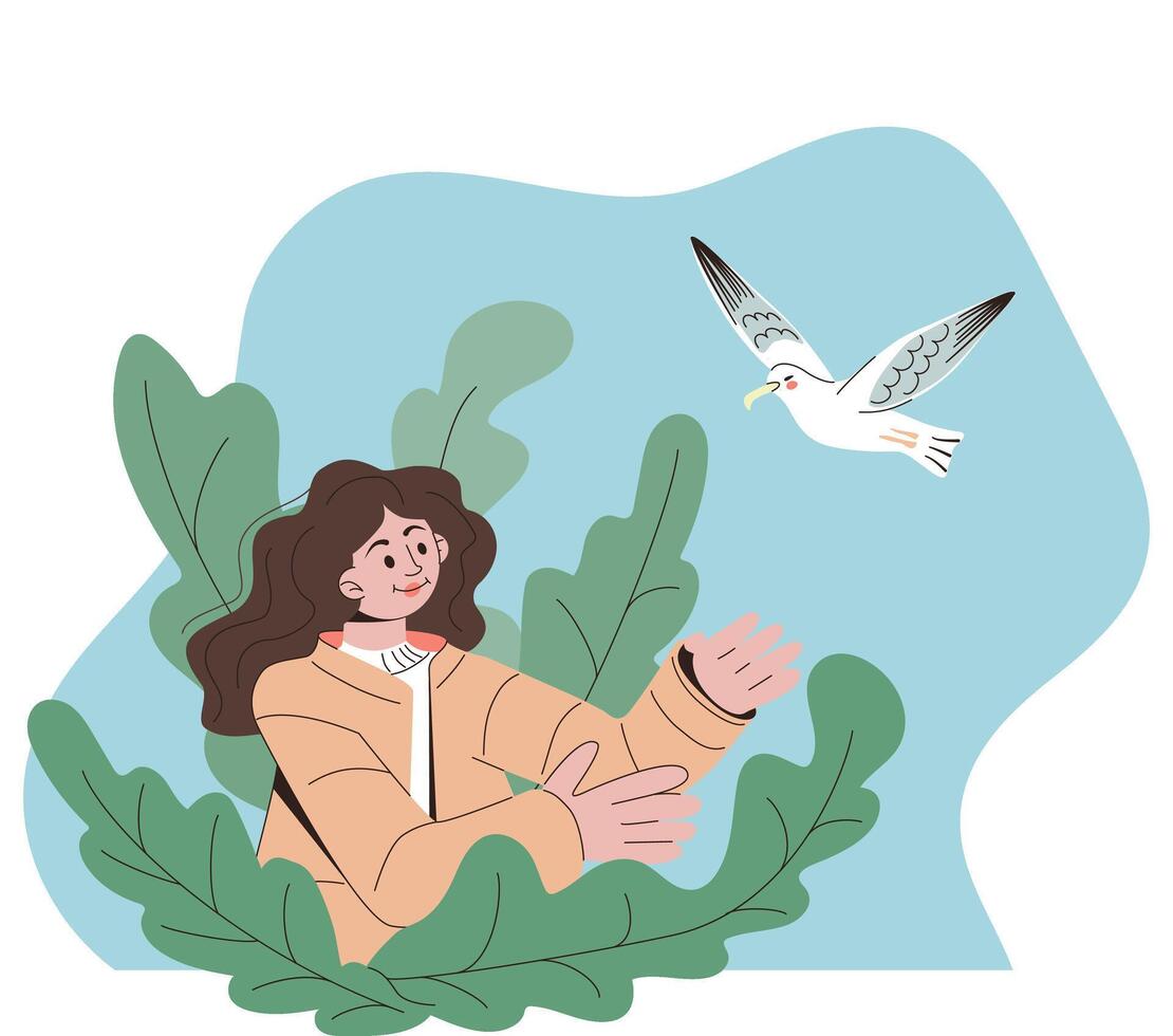 vlak meisje met vogel. eco vriendelijk concept poster. gelukkig jong vrouw in groen planten aan het kijken voor vogel in de lucht. mooi zo voor poster, banier, vector