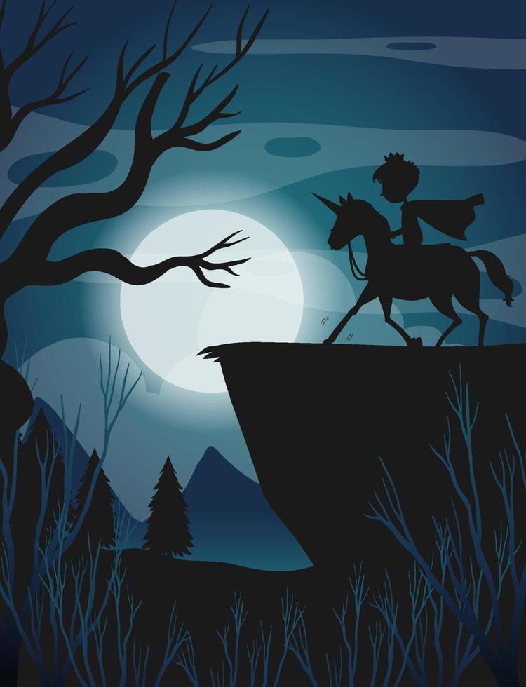 silhouet ridder ring eenhoorn met volle maan achtergrond vector