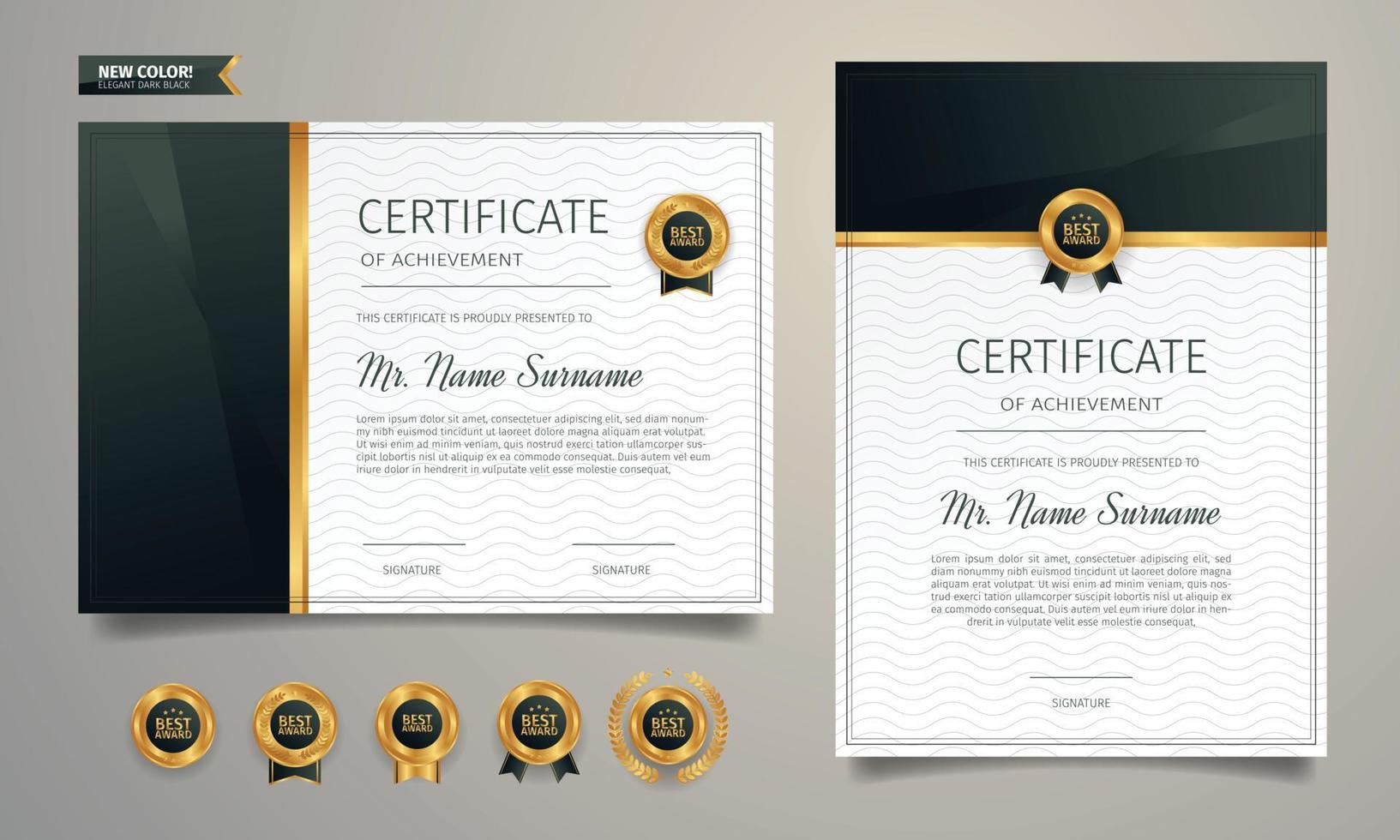 zwart en goud certificaatsjabloon met luxe gouden badges vector