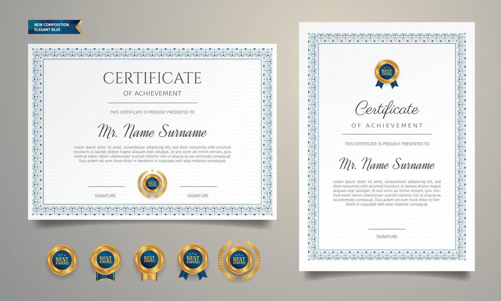 diploma certificaat grenssjabloon met blauwe en gouden badges vector