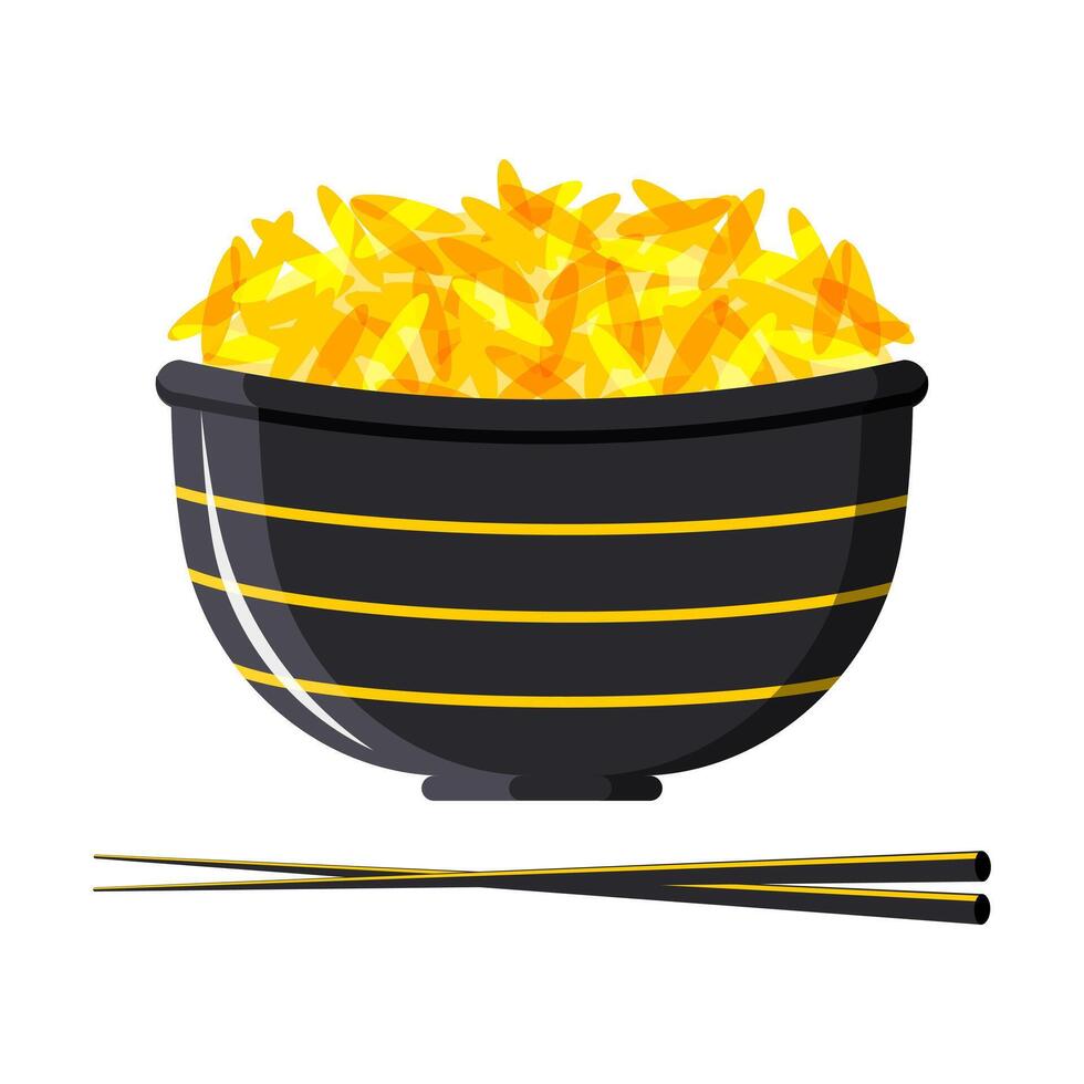 Aziatisch rijst- in een schaal. gemakkelijk gekookt voedsel voor lunch. vlak ontwerp in zwart en geel. vector. vector