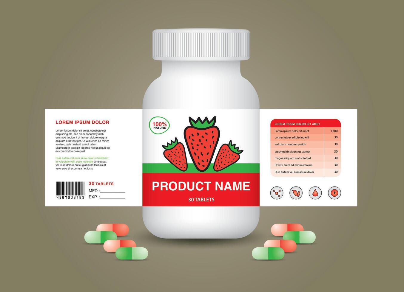 aardbei supplement fles verpakking, kunstmatig pakket. Product ontwerp. schoonheid label, 3d supplement fles vector, 3d wit plastic pillen doos, wit medisch container. gezondheidszorg fles, vector