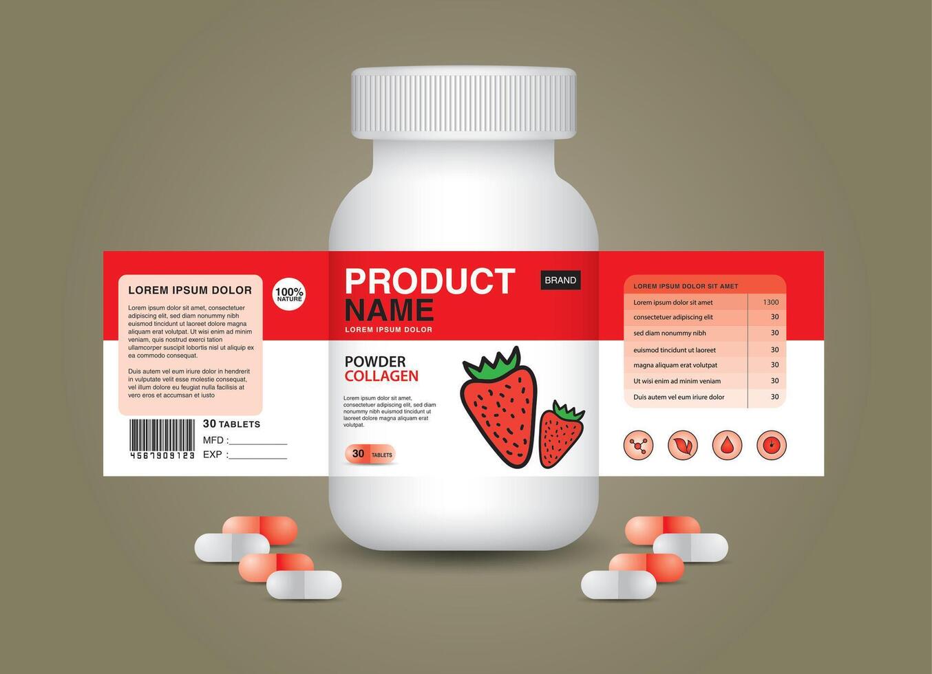 aardbei supplement fles verpakking, kunstmatig pakket. Product ontwerp. schoonheid label, 3d supplement fles vector, 3d wit plastic pillen doos, wit medisch container. gezondheidszorg fles, vector