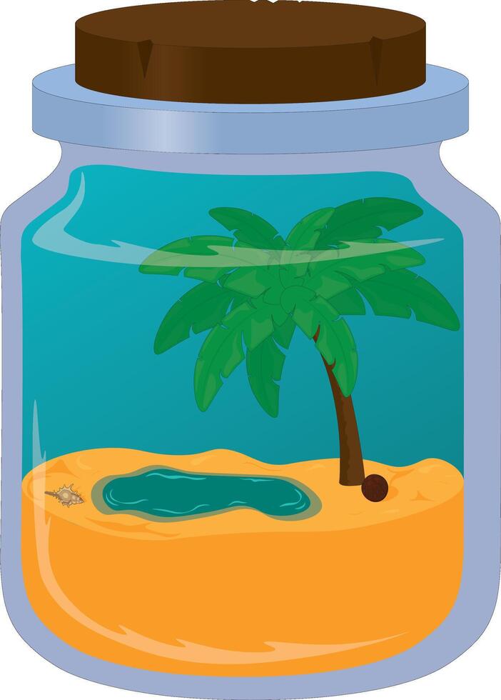 kokosnoot palm Aan zanderig strand in glas pot artwork vector illustratie