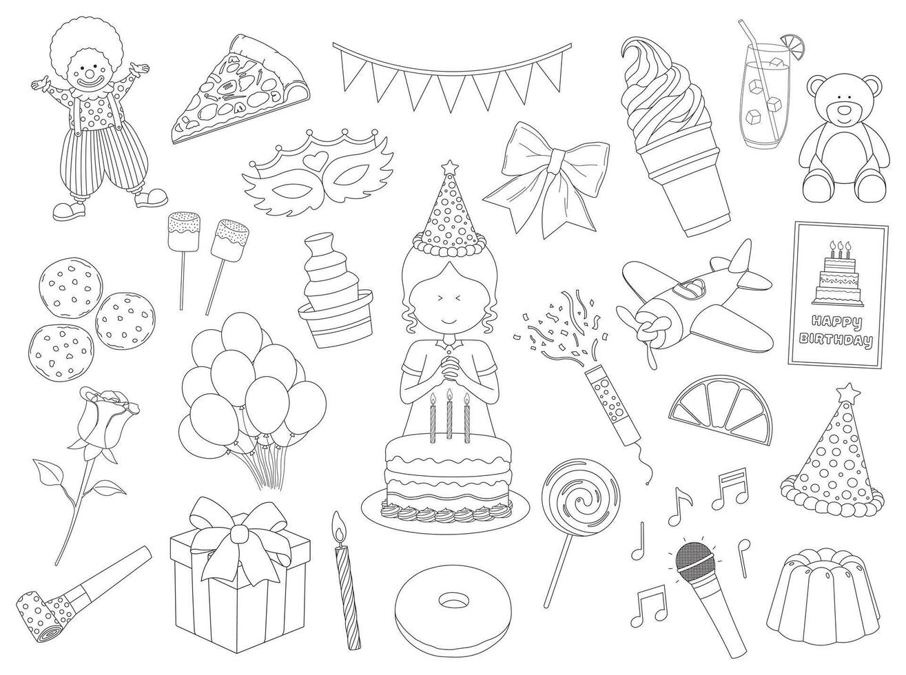 hand- getrokken kinderen tekening reeks van schattig meisje viering gelukkig verjaardag partij geïsoleerd vector icoon in tekening stijl