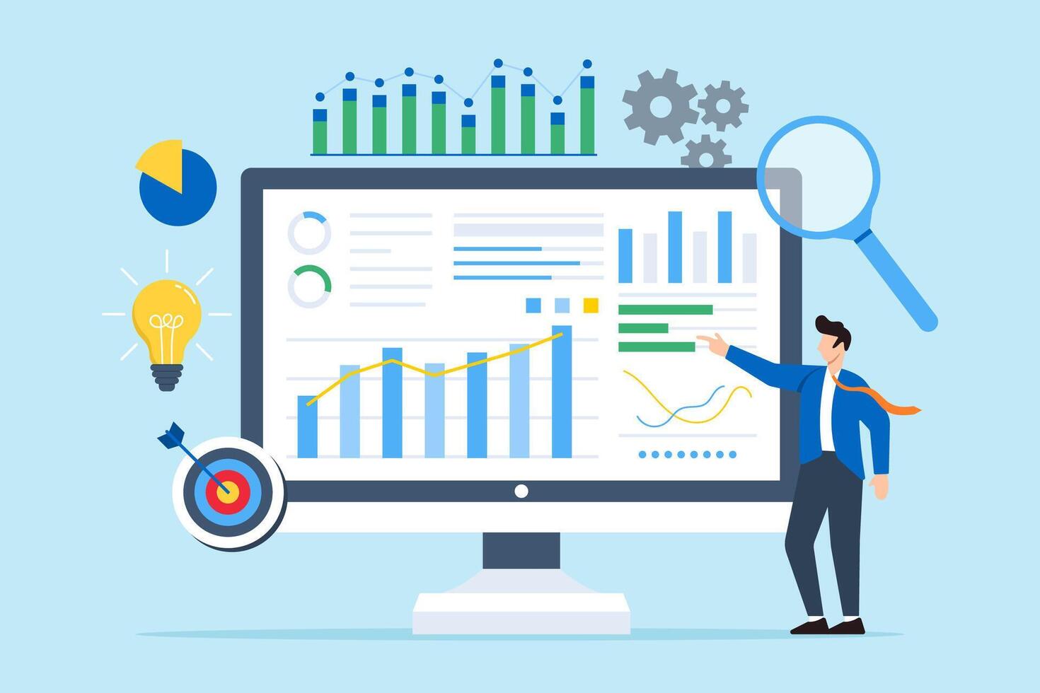 zakenman analyseren gegevens Aan toezicht houden op scherm vector