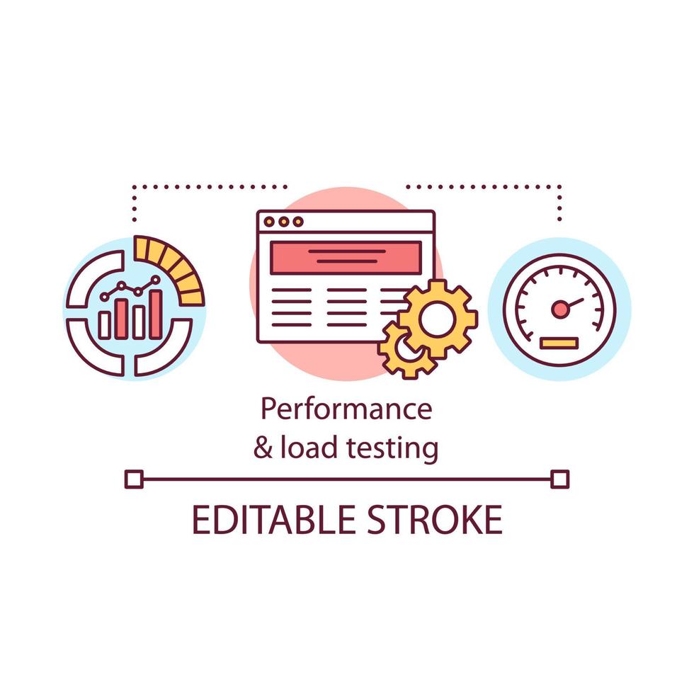 prestatie en belasting testen concept icoon. controleer programma onder werklast. onderzoekssysteem snelheid en stabiliteit idee dunne lijn illustratie. vector geïsoleerde overzichtstekening. bewerkbare streek