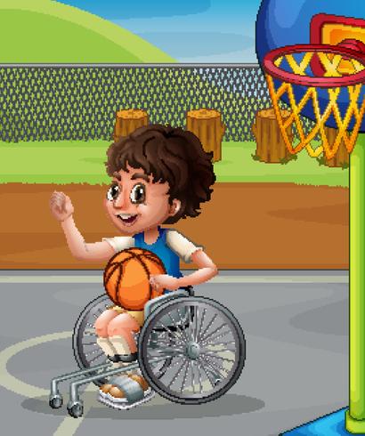 Jongen op rolstoel spelen basketbal vector