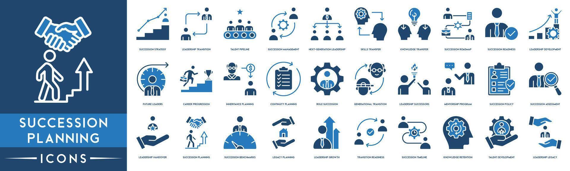 successie planning icoon set. inbegrepen de pictogrammen net zo successie strategie, leiderschap overgang, talent pijpleiding en successie beheer vector