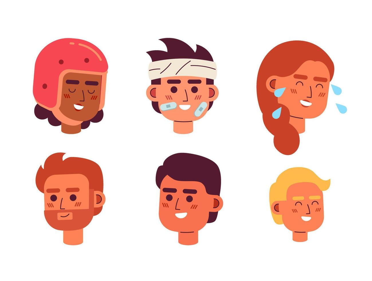 blijven positief ongeluk slachtoffers 2d vector avatars illustratie set. verschillend Dames, mannen tekenfilm karakter gezichten. lachend mensen pictogrammen verzameling. vlak kleur gebruikers profielen afbeeldingen geïsoleerd Aan wit