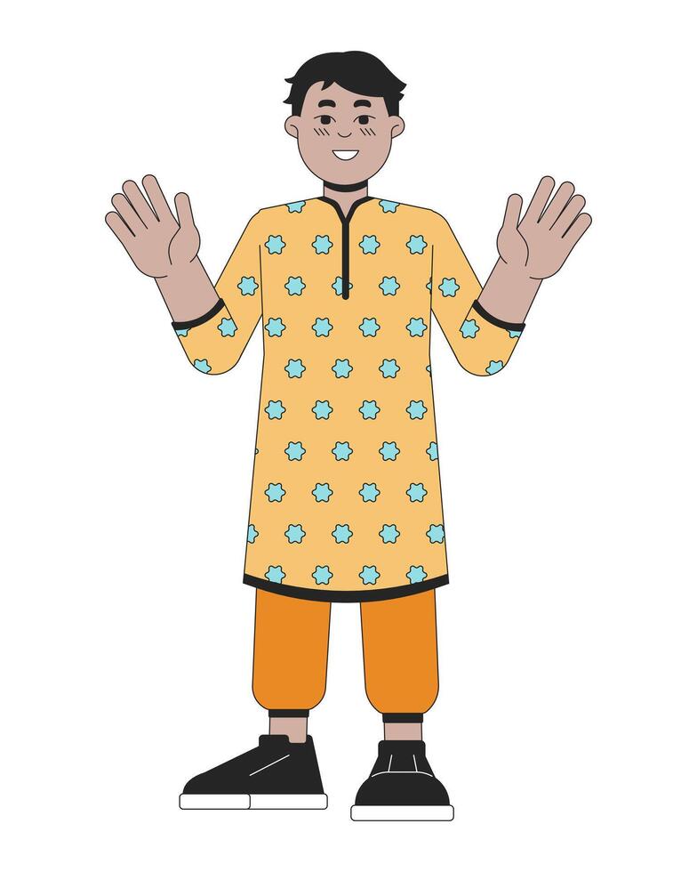 weinig Indisch jongen Kurta tuniek 2d lineair tekenfilm karakter. aanbiddelijk kind zuiden Aziatisch geïsoleerd lijn vector persoon wit achtergrond. Hindoe festival van lichten deepawali kleur vlak plek illustratie