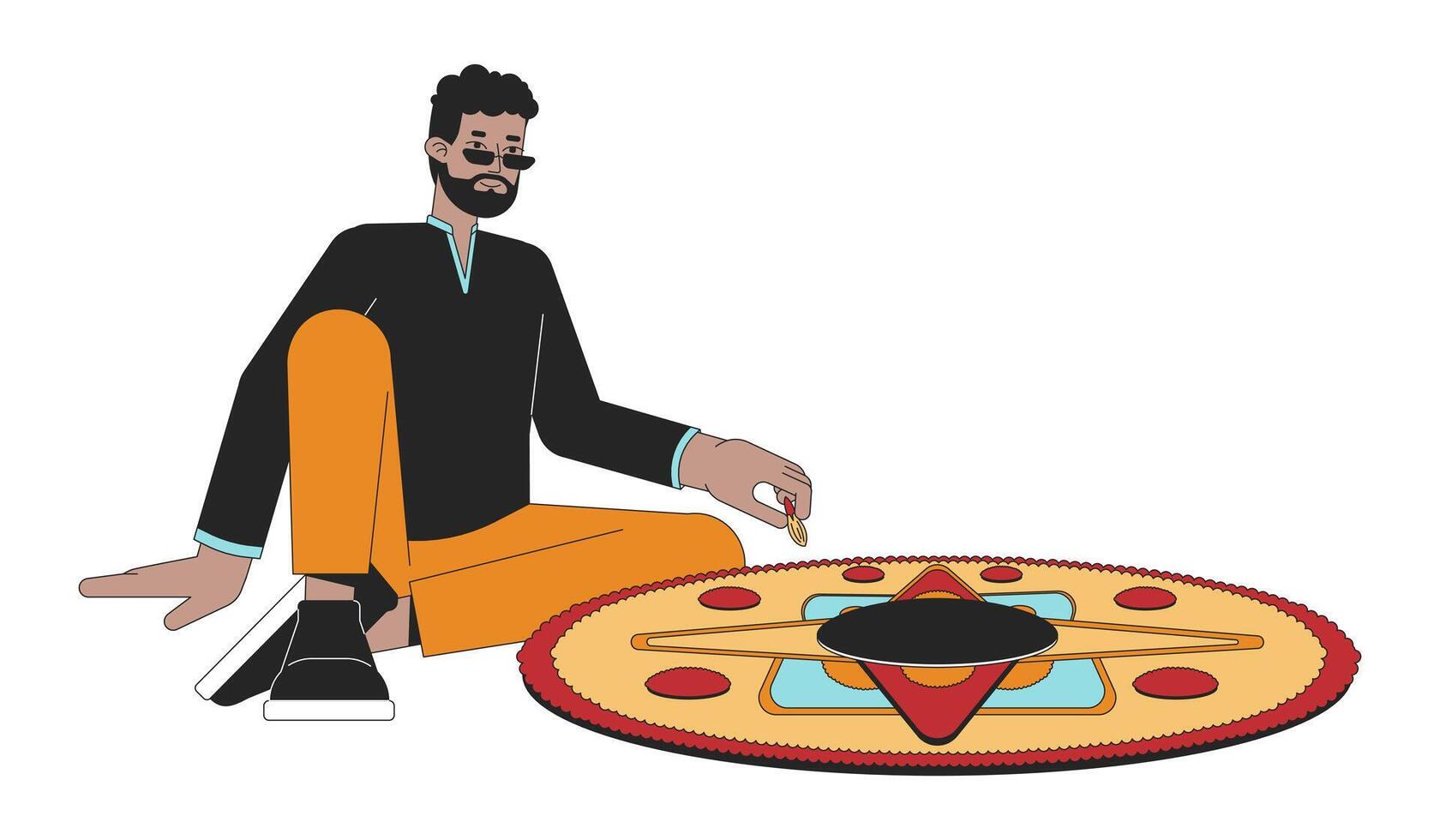 Afro-Amerikaans Mens creëren muggu 2d lineair tekenfilm karakter. zwart mannetje volwassen geïsoleerd lijn vector persoon wit achtergrond. Hindoe festival van lichten deepawali kleur vlak plek illustratie