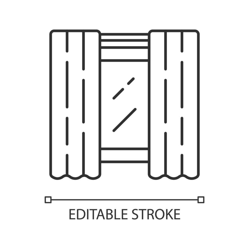 venster paneel paar lineaire pictogram. huisdecoratie draperie stof. verduisterende voering. keukenschermen op kroonlijst. dunne lijn illustratie. contour symbool. vector geïsoleerde overzichtstekening. bewerkbare streek