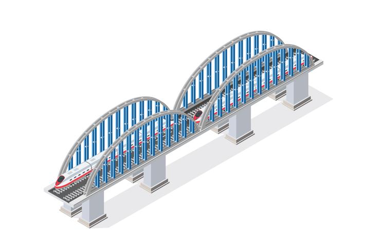 Spoorweg isometrische brug met spoorweg en op hoge snelheid vector