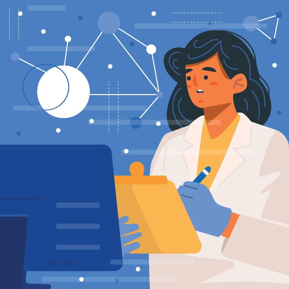 vrouwelijke wetenschapper controleert gegevens op de computer aan de voorkant vector