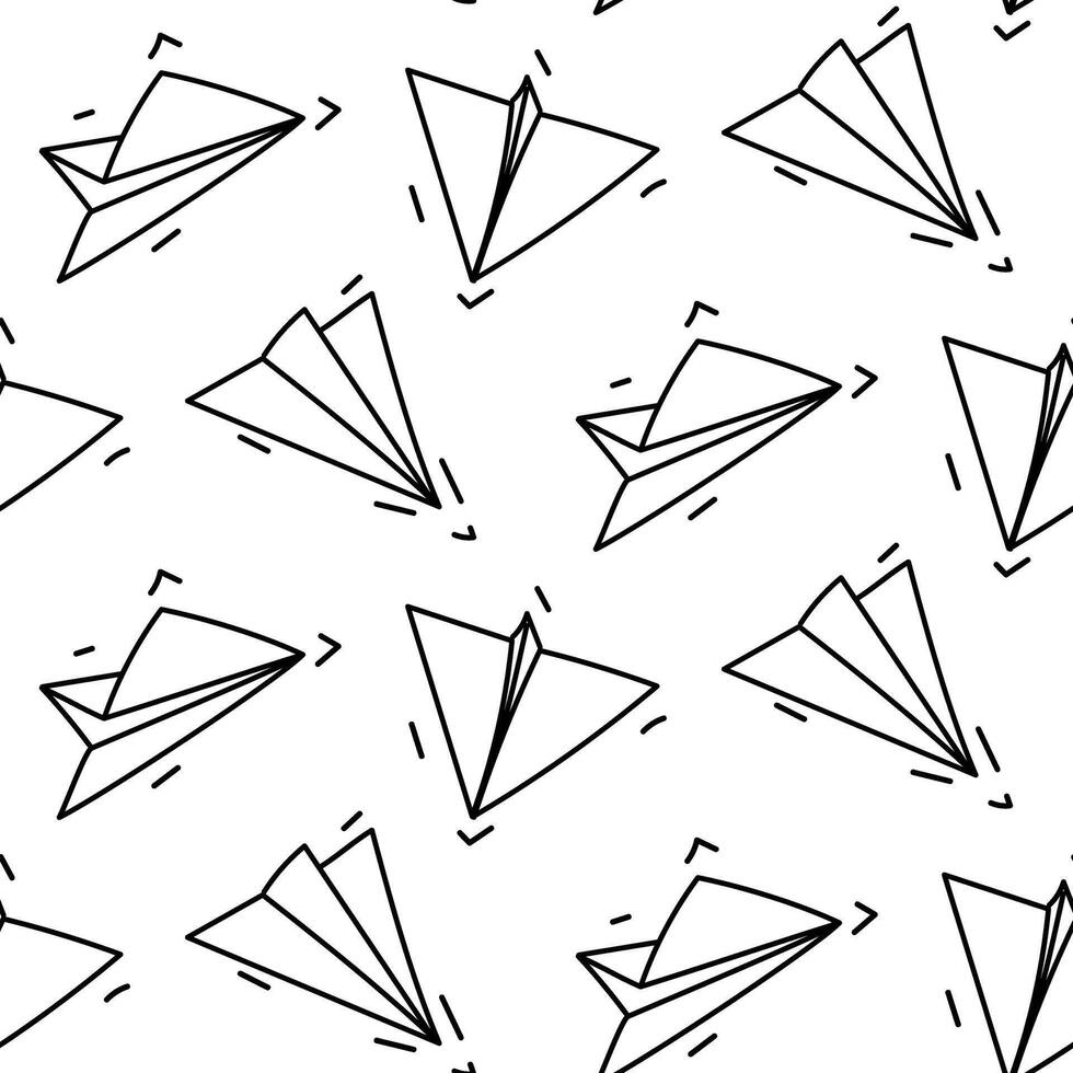 naadloos papier vliegtuig tekening patroon. achtergrond illustratie van een papier vliegtuig in de stijl van doodles in vector formaat. een monochroom herhalen element in de textuur. verschillend richting