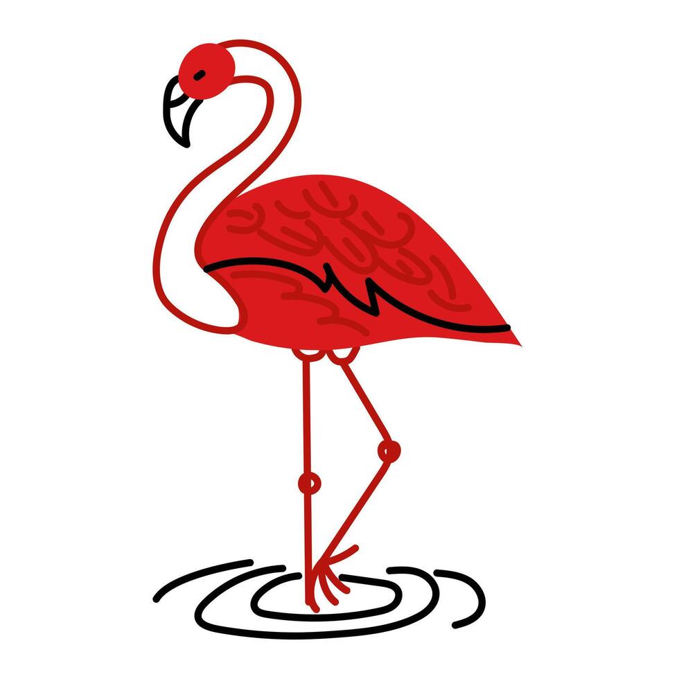 flamingo rood tekening is vlak. schattig flamingo geïsoleerd Aan een wit achtergrond. een tropisch exotisch vogel is een dier staand Aan een been. vlak vector illustratie in de het formulier van doodles