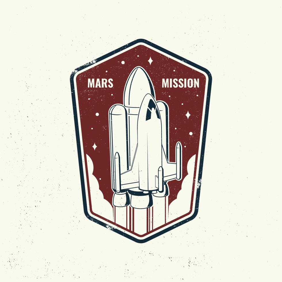 Mars missie logo, insigne, lapje. vector. concept voor shirt, afdrukken, stempel, bedekking of sjabloon. wijnoogst typografie ontwerp met ruimte raket en Mars silhouet. vector