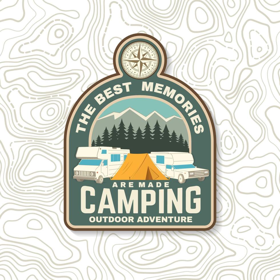 de het beste herinneringen zijn gemaakt camping. zomer kamp. vector . concept voor overhemd of logo, afdrukken, postzegel of tee. wijnoogst typografie ontwerp met rv camper, camping aanhangwagen silhouet.