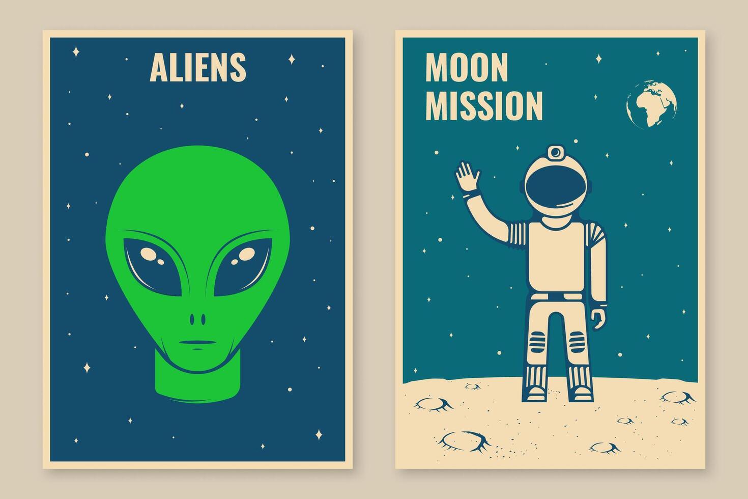 ruimte missie affiches, spandoeken, flyers. vector. concept voor shirt, afdrukken, stempel, bedekking of sjabloon. wijnoogst typografie ontwerp met astronaut Aan de maan, buitenaards wezen en de ruimte silhouet. vector