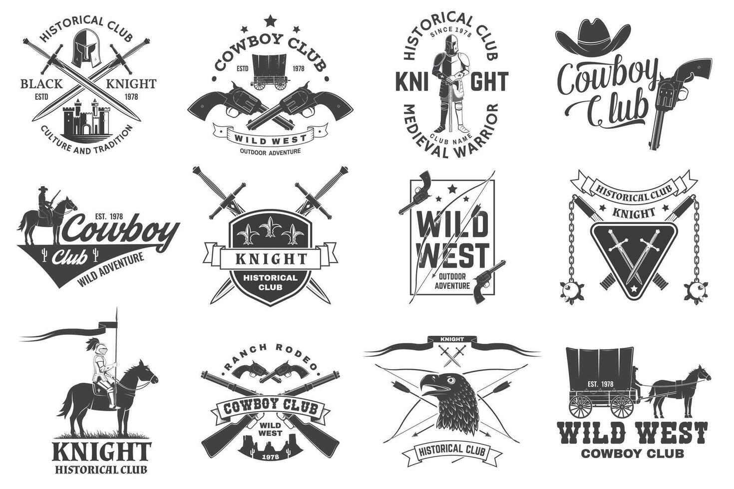 reeks van ridder historisch en cowboy club ontwerp vector concept voor shirt, afdrukken, stempel, bedekking of sjabloon. wijnoogst typografie ontwerp met ridder, ridder Aan een paard, Zwaarden, bijl, kasteel silhouet