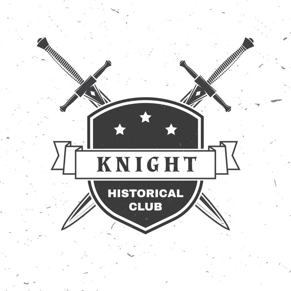 ridder historisch club insigne ontwerp. vector illustratie concept voor shirt, afdrukken, stempel, bedekking of sjabloon. wijnoogst typografie ontwerp met Zwaarden en schild silhouet.