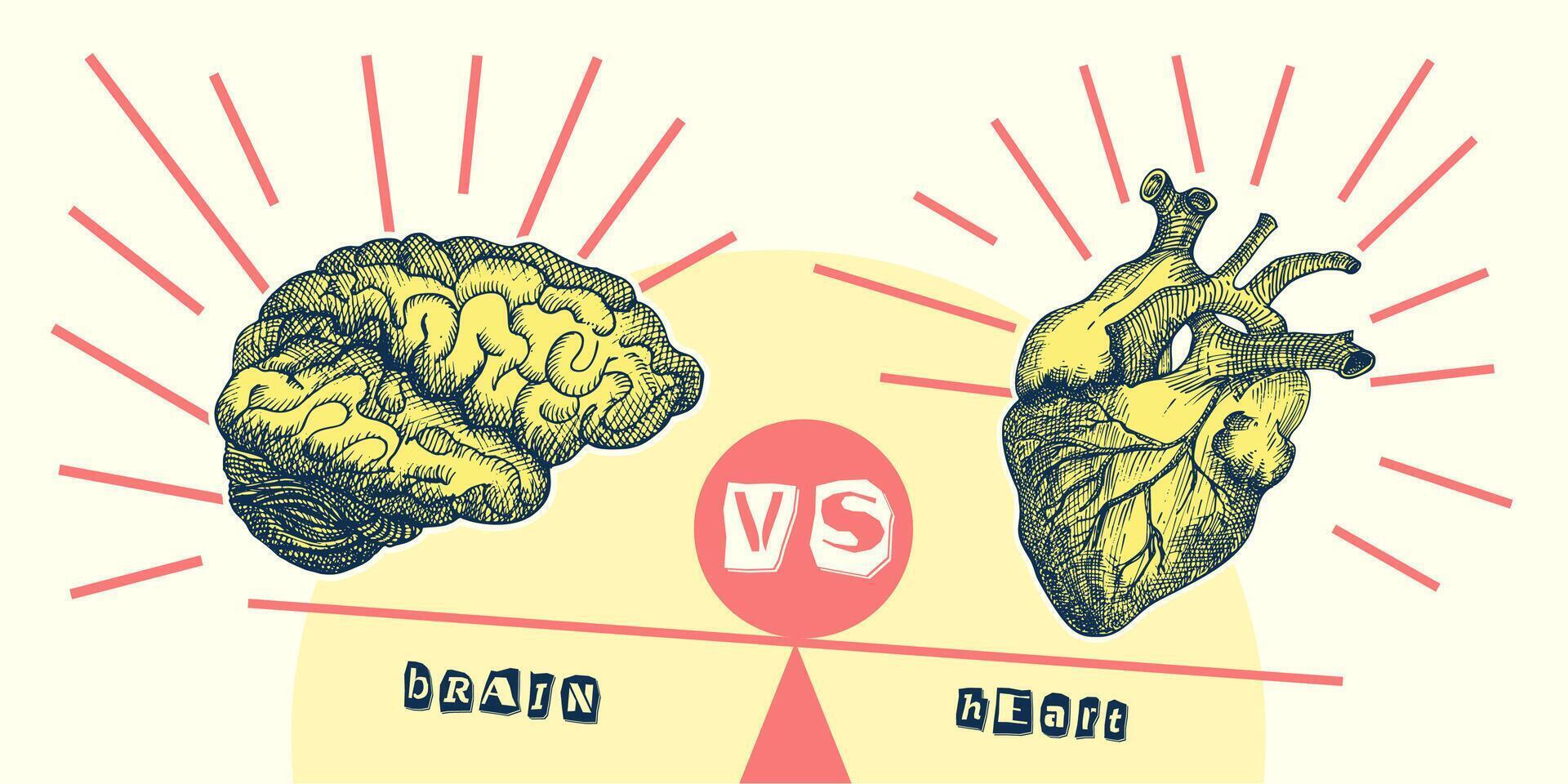 concept hart vs brein. wijnoogst ontwerp collage poster. mentaal Gezondheid en emotioneel welzijn symbolen. geest-hart balans hand- getrokken grafisch kunst. voor de helft toon en schetsen tekening stijl. vector illustratie