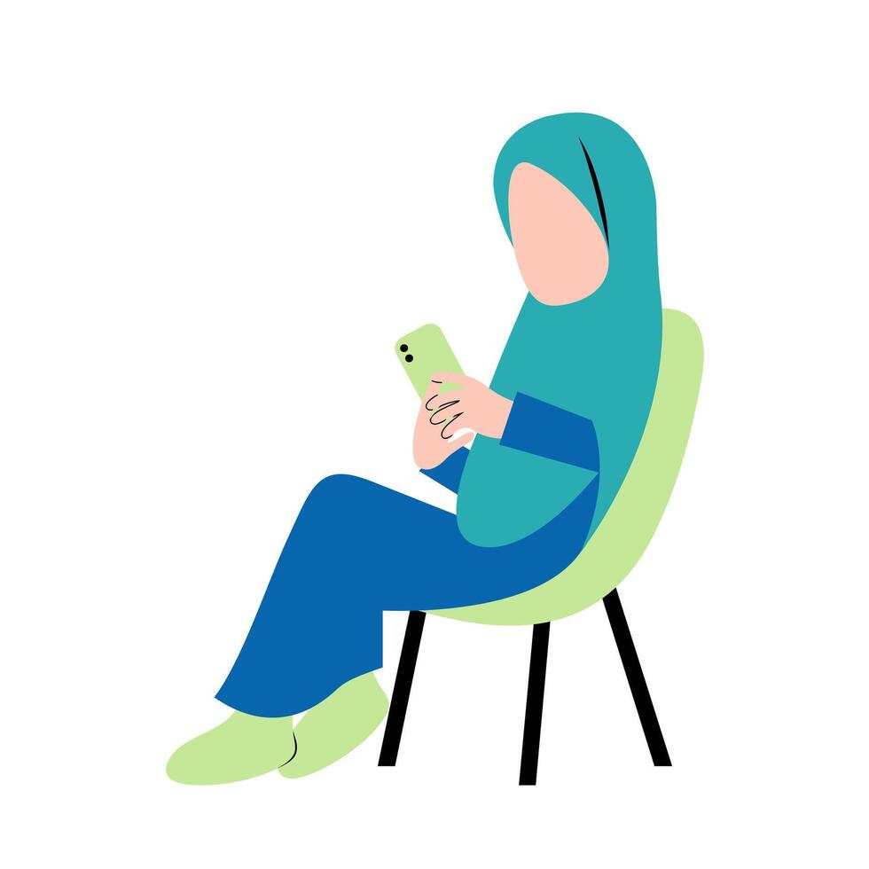 hijab vrouw spelen smartphone Aan stoel vector