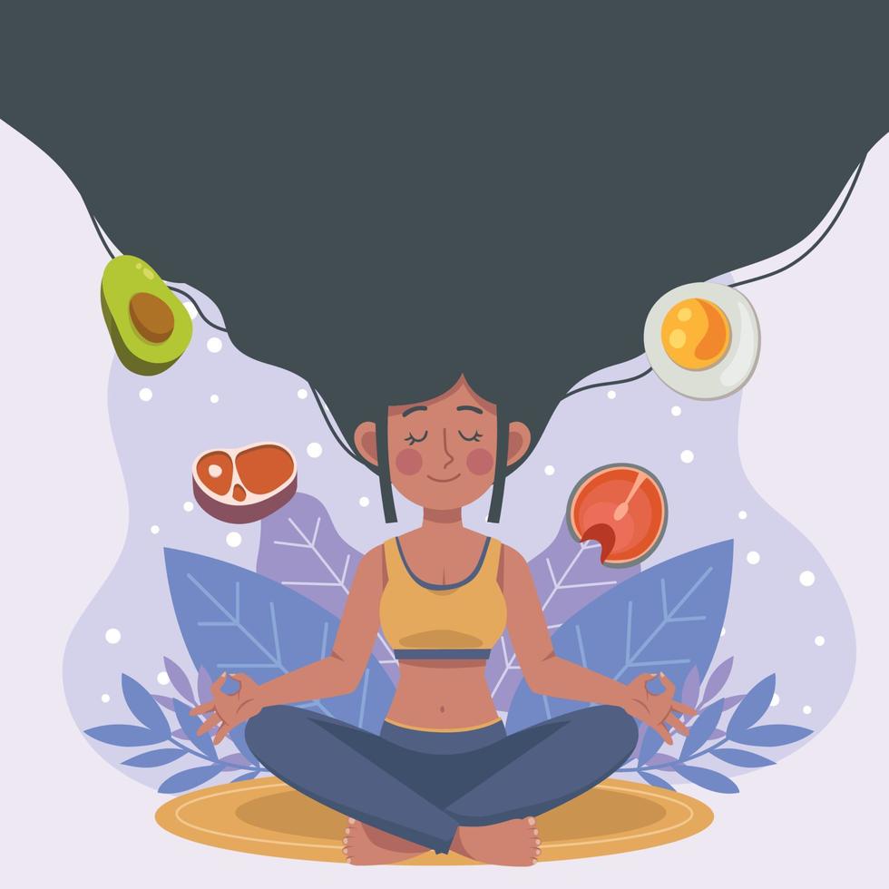 vrouw meditatie en eet gezonde achtergrond vector