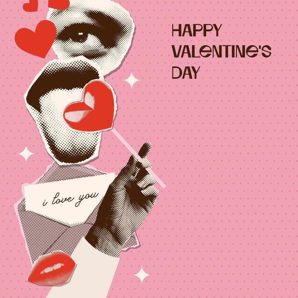 gelukkig Valentijn dag met retro snoep lolly, tong, mond, oog, liefde brief en hand. liefde snoep wijnoogst ontwerp. vector halftone illustratie