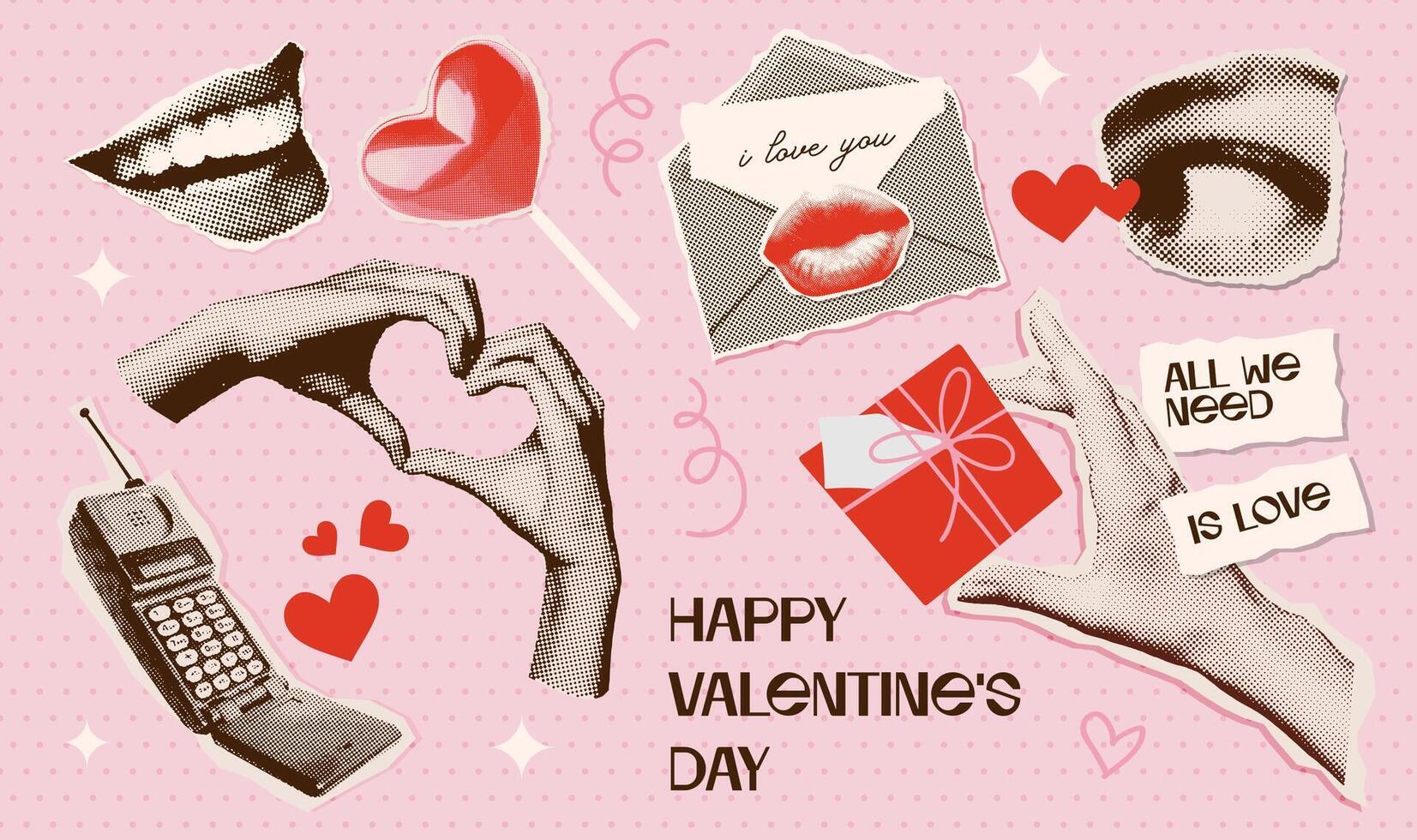 Valentijn dag halftone gescheurd uit collage elementen reeks met groovy hart vormen, ogen, handen, mond. geschenk, liefde brief, retro mobiele telefoon, lolly. modieus wijnoogst collage vector illustratie