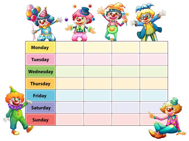 Tijdschema sjabloon met dagen van de week en clowns vector