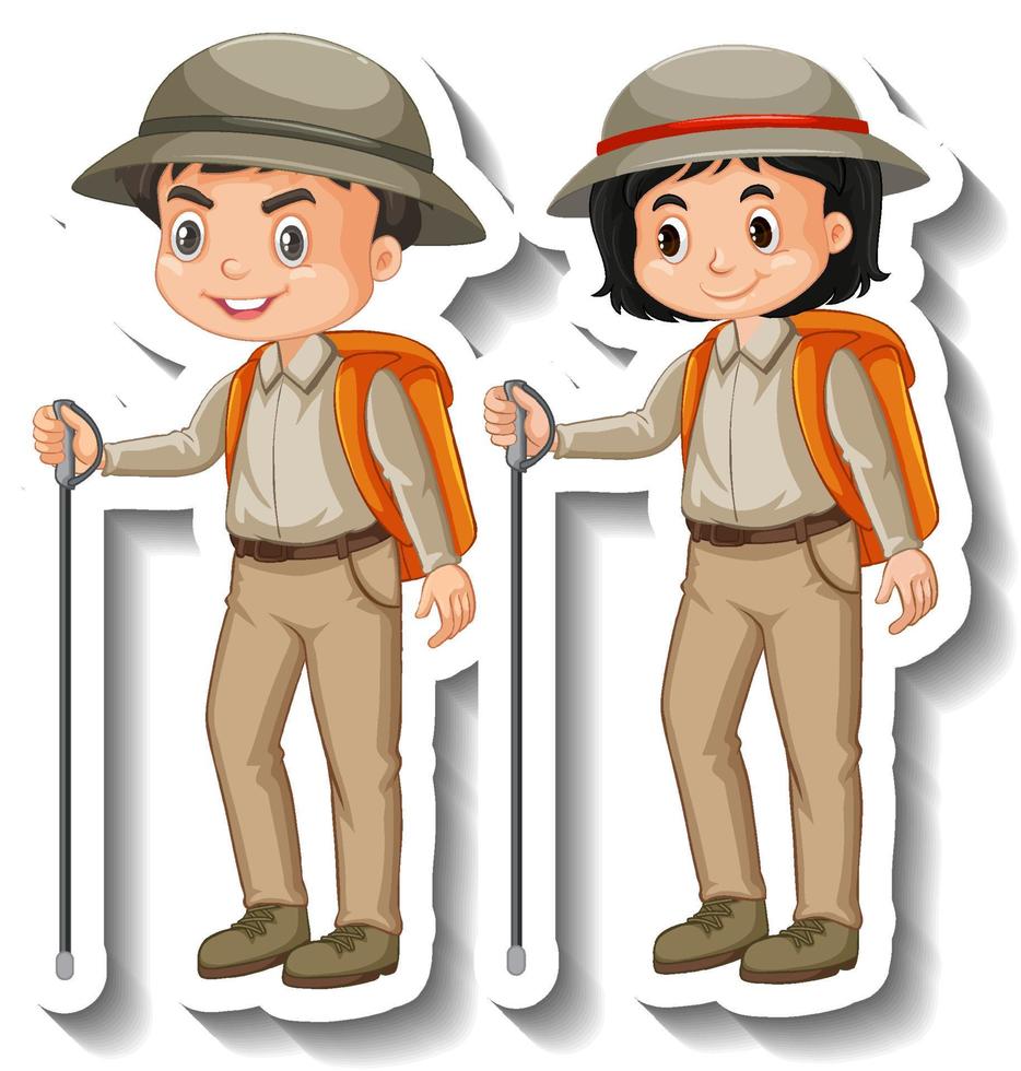 paar kinderen dragen safari-outfit stripfiguursticker vector