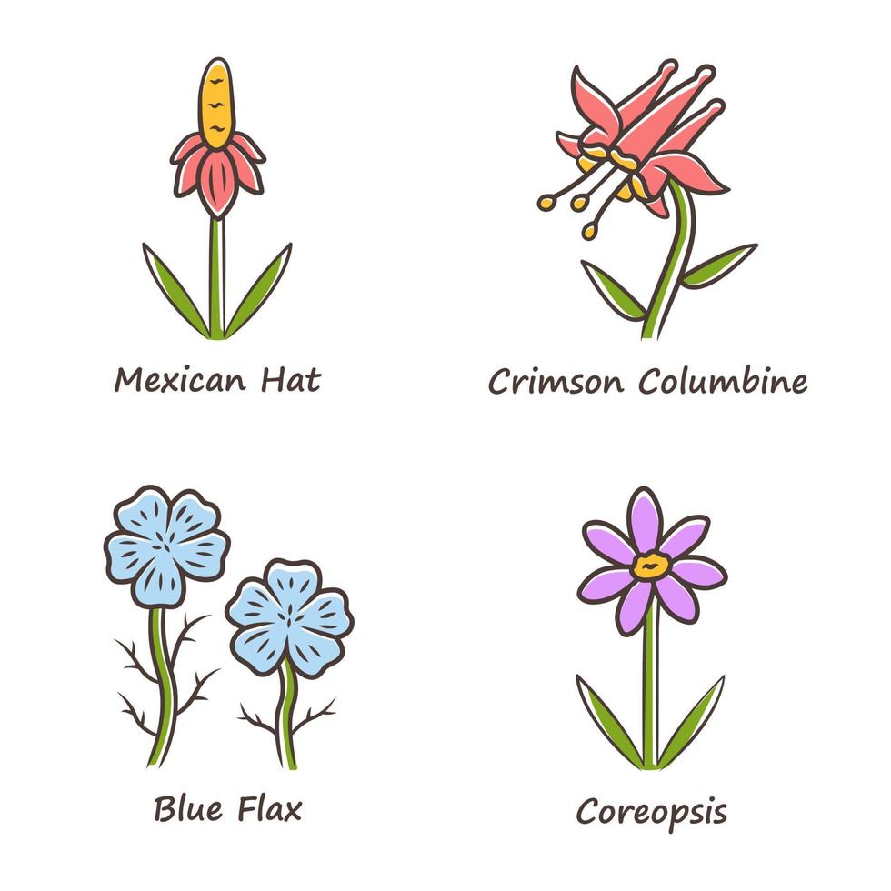 wilde bloemen gekleurde pictogrammen instellen. Mexicaanse hoed, karmozijnrode columbia, blauw vlas, coreopsis. californië flora met naam inscriptie. bloeiende wilde bloemen, onkruid. veld planten. geïsoleerde vectorillustraties vector