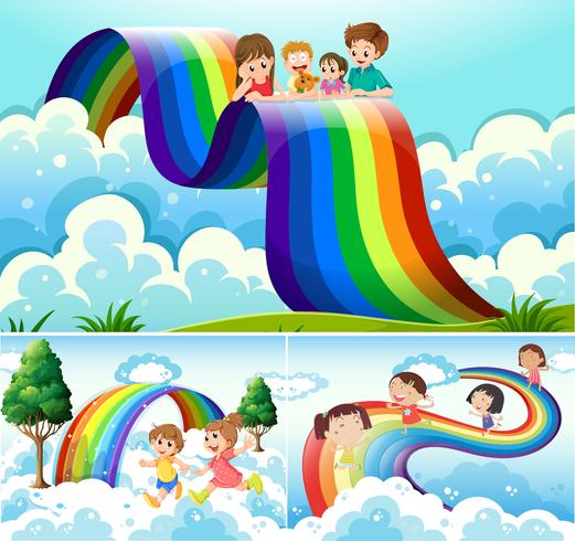 Gelukkige kinderen over de regenboog vector