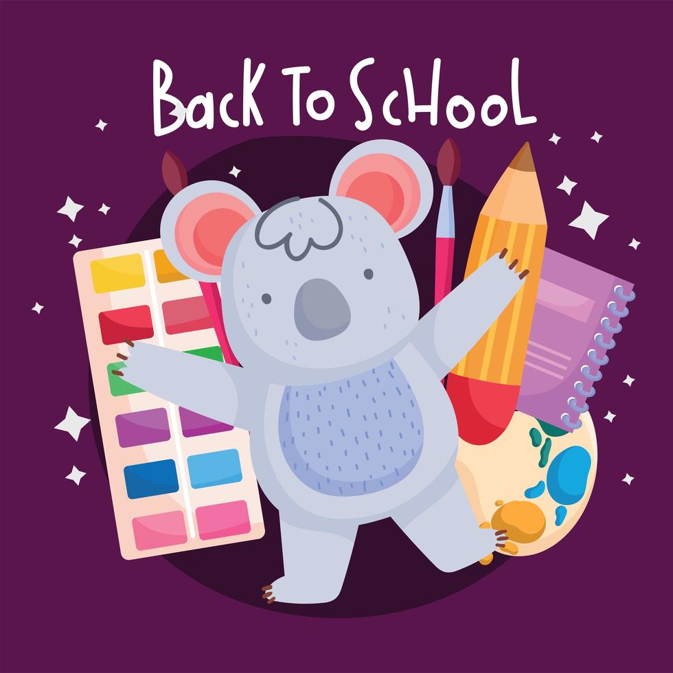 terug naar school kleine koala met potloodboek met aquarelpalet vector