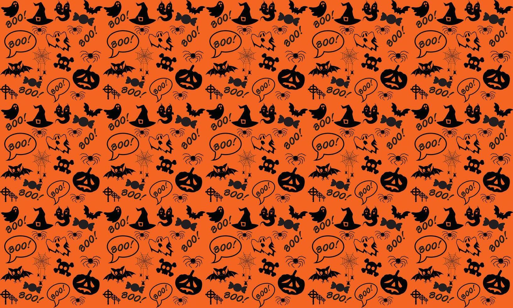 halloween feestelijk naadloos patroon. eindeloos achtergrond met pompoenen, schedels, vleermuizen, spinnen, geesten, botten, snoepjes, spin web en toespraak bubbel met boo.halloween vector naadloos patroon