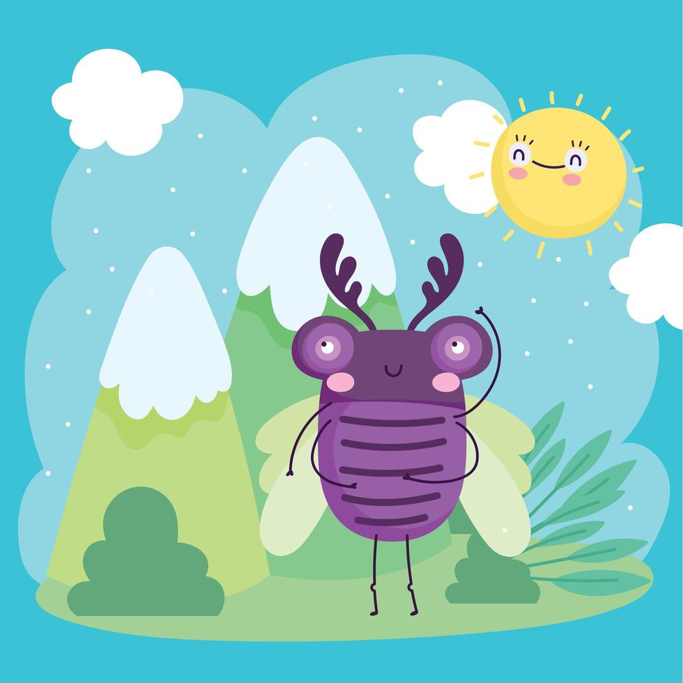 grappig paars insect dier landschap natuur cartoon vector