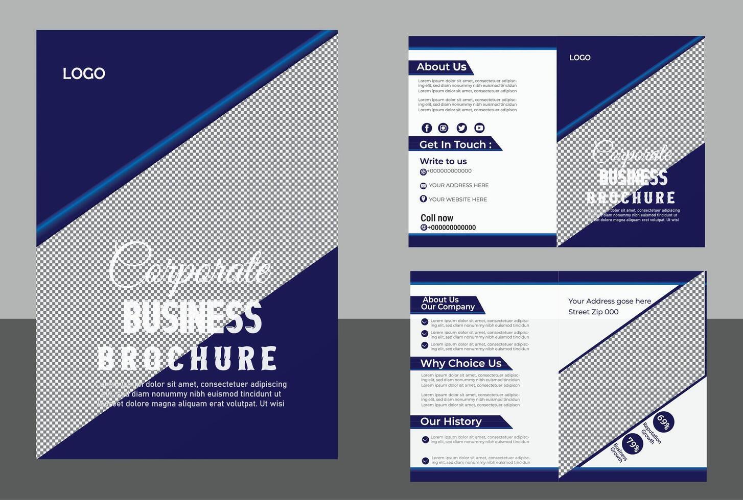 bedrijf tweevoudig brochure ontwerp vier pagina's wit achtergrond ontwerp kleur blauw vector