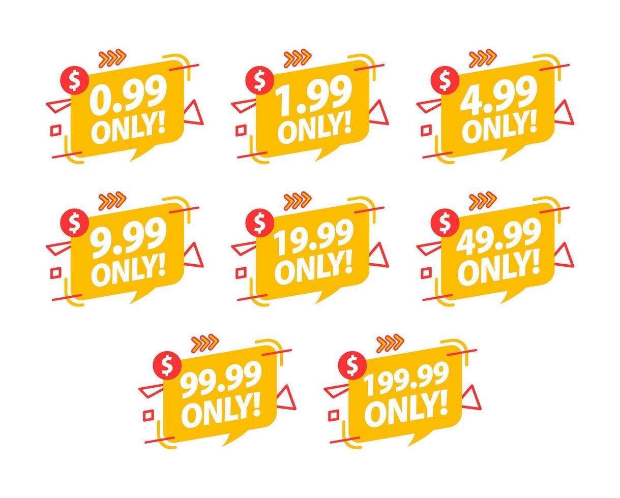 uitverkoop 0,99 1.99 4,99 9,99 49,99 dollars enkel en alleen aanbod kenteken. prijs label vector