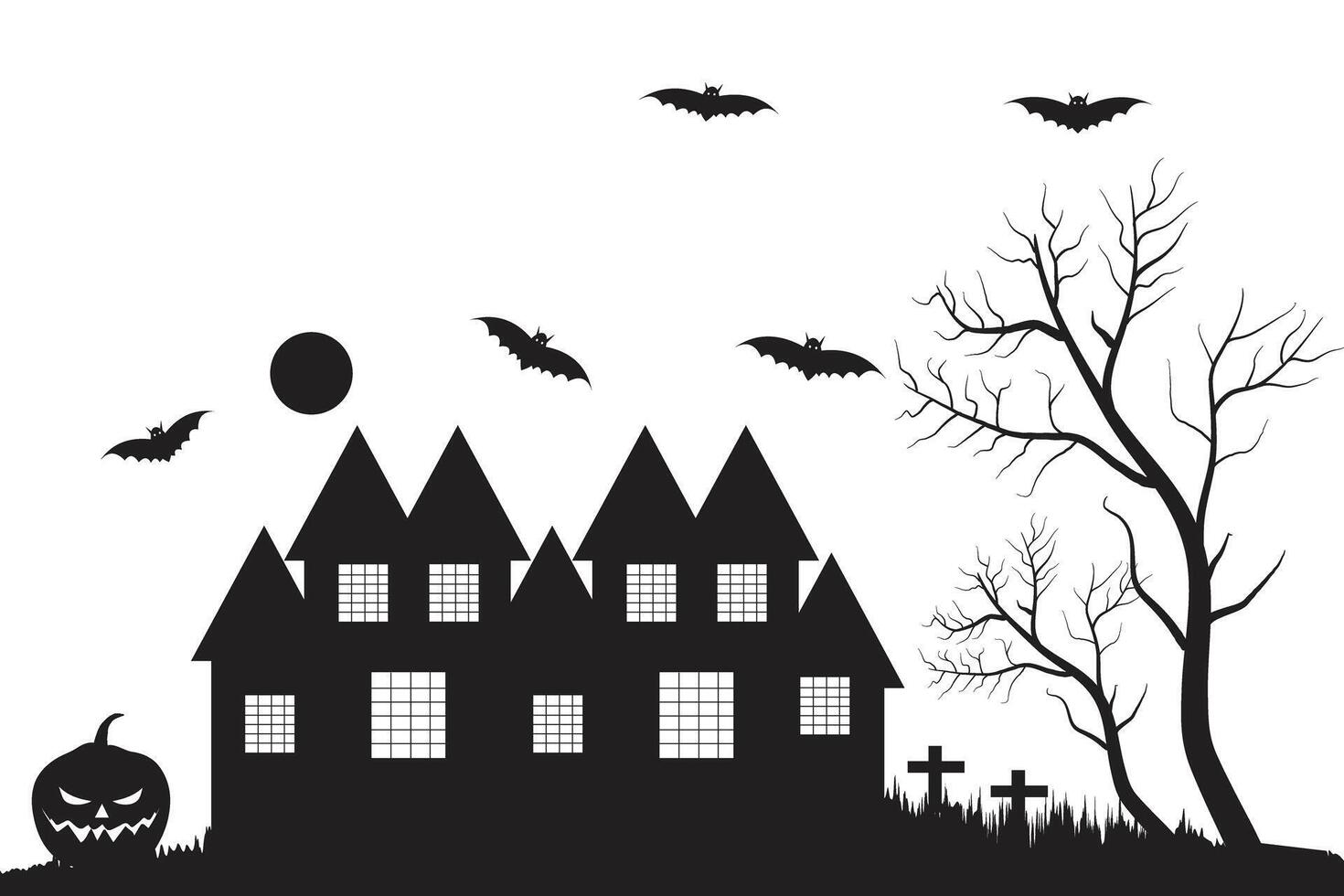 halloween verschrikking kasteel achtervolgd huis gebouw silhouet vector, zwart en wit knuppel en geest spookachtig huis, eng nacht partij 31 oktober illustratie thema, bomen pompoenen graven heks maan kruisen vector