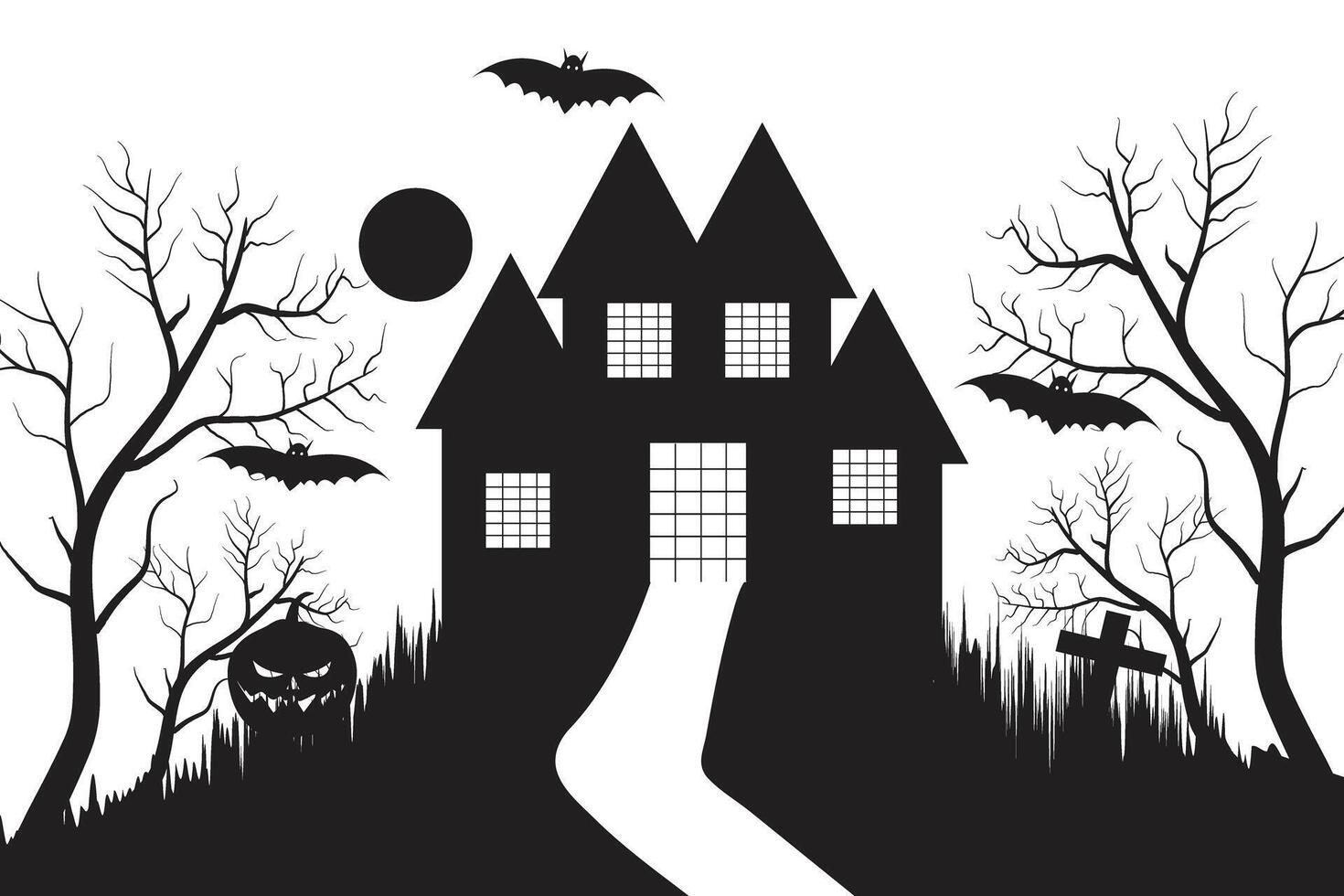 halloween verschrikking kasteel achtervolgd huis gebouw silhouet vector, zwart en wit knuppel en geest spookachtig huis, eng nacht partij 31 oktober illustratie thema, bomen pompoenen graven heks maan kruisen vector