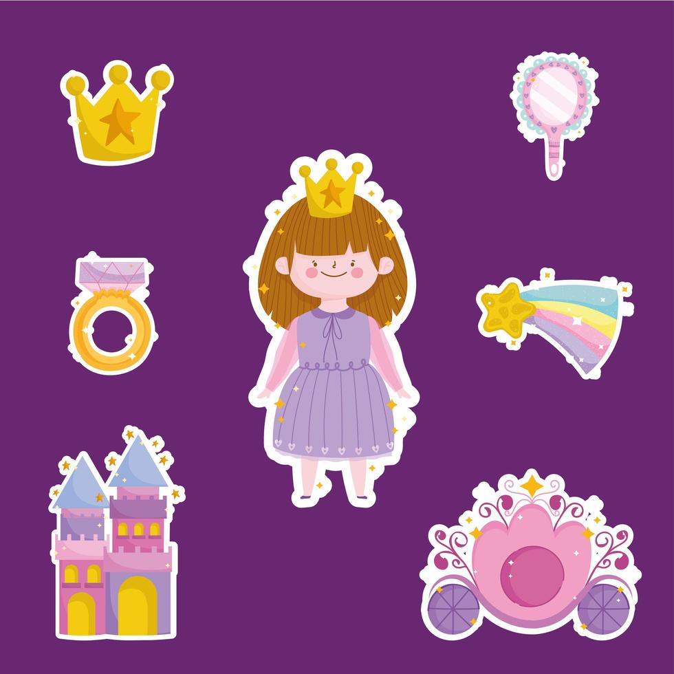 prinses verhaal cartoon meisje met kroon ring spiegel ring stickers pictogrammen vector