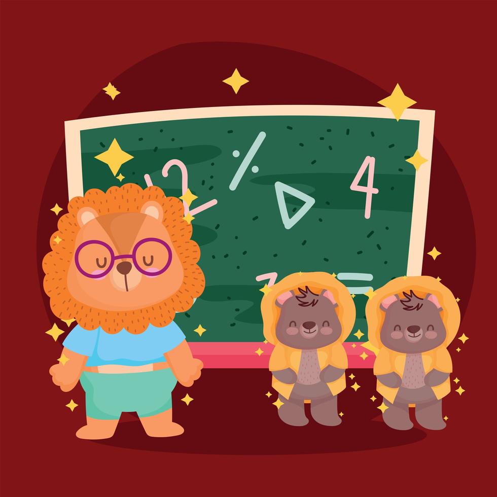 terug naar school schattige leeuw en beren met schoolbordklasse cartoon vector