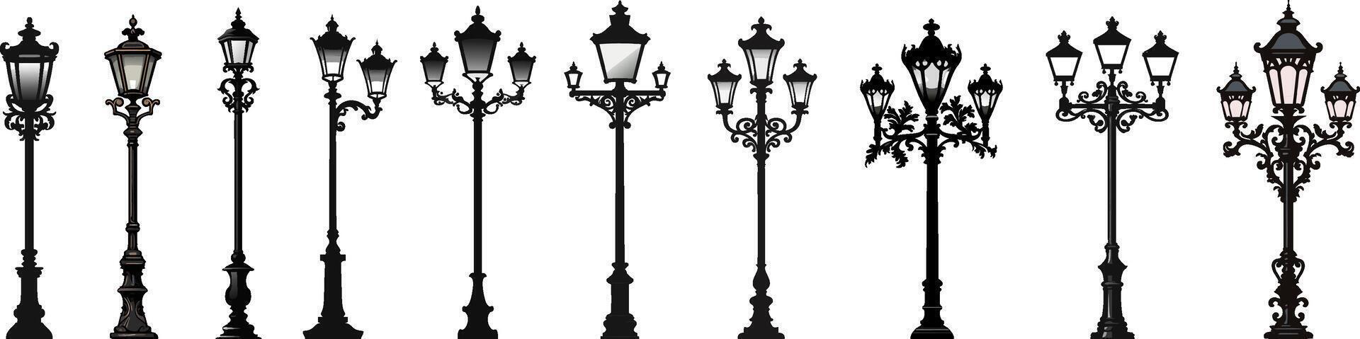 reeks van straat lamp. wijnoogst straat licht na. illustratie geïsoleerd Aan wit achtergrond vector